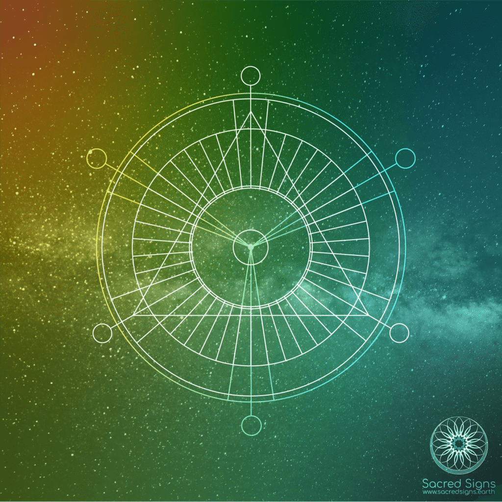 Intricate sacred geometry mandala design with celestial background