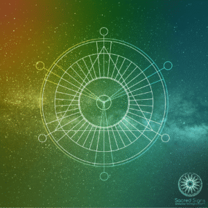 Intricate sacred geometry mandala design with celestial background