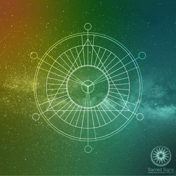 Intricate sacred geometry mandala design with celestial background