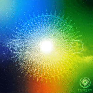 Colorful sacred geometric pattern with a central bright light