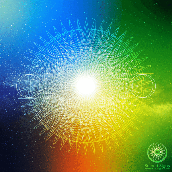 Colorful sacred geometric pattern with a central bright light