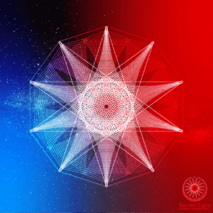 Intricate geometric design featuring a star-like shape in red and blue hues