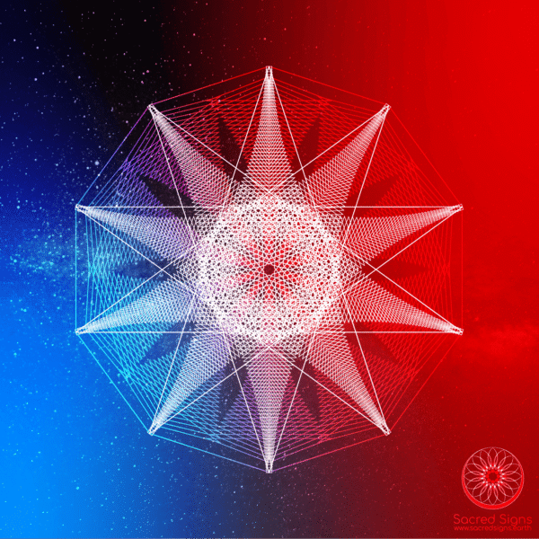 Intricate geometric design featuring a star-like shape in red and blue hues