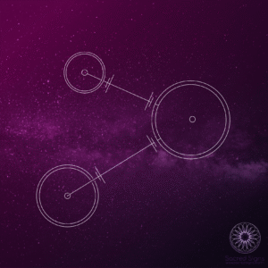 Geometric cosmic design featuring interconnected circles against a starry purple background