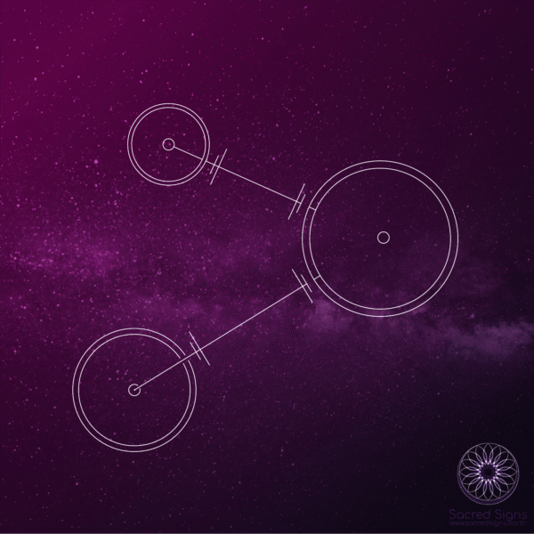 Geometric cosmic design featuring interconnected circles against a starry purple background
