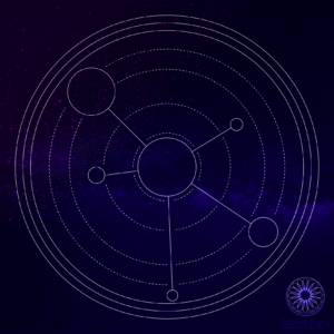 A cosmic diagram featuring interconnected circles and lines representing celestial bodies