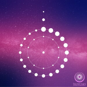 White sacred geometry design featuring concentric circles and dots against a cosmic purple and blue background