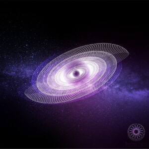 Abstract cosmic spiral design featuring intricate purple and white patterns against a dark starry background
