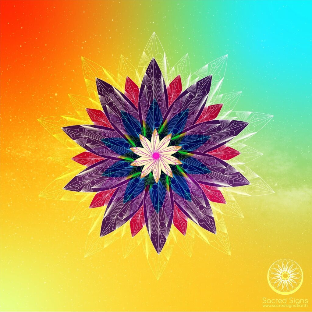 Vibrant mandala flower design with intricate patterns in shades of purple