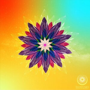 Vibrant mandala flower design with intricate patterns in shades of purple