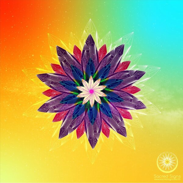 Vibrant mandala flower design with intricate patterns in shades of purple