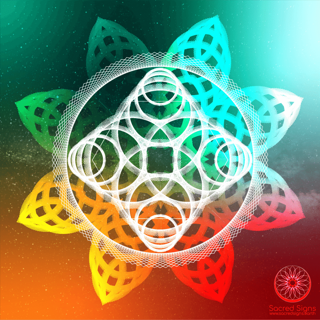 Intricate sacred geometry design featuring a vibrant mandala with circular and floral patterns in multiple colors.