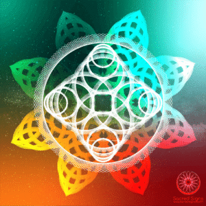 Intricate sacred geometry design featuring a vibrant mandala with circular and floral patterns in multiple colors.