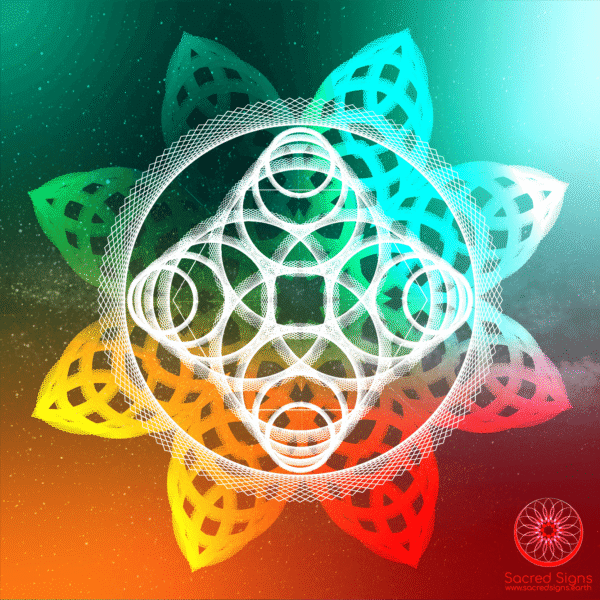 Intricate sacred geometry design featuring a vibrant mandala with circular and floral patterns in multiple colors.