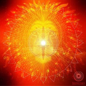 Vibrant sacred geometry design featuring a central bright light surrounded by intricate patterns and shapes in warm colors.