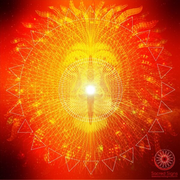 Vibrant sacred geometry design featuring a central bright light surrounded by intricate patterns and shapes in warm colors.