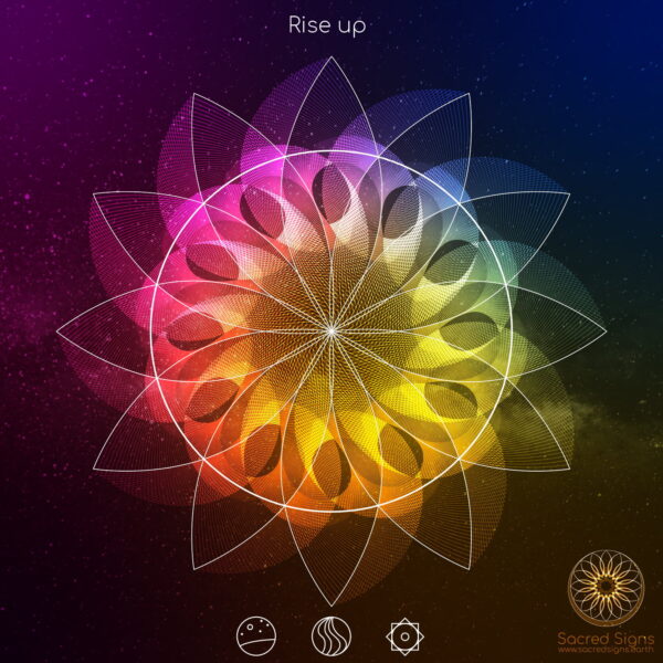 Intricate colorful mandala design featuring a flower pattern with the text 'Rise up' at the top