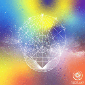 Intricate geometric design featuring sacred geometry elements on a colorful cosmic background with vibrant hues.