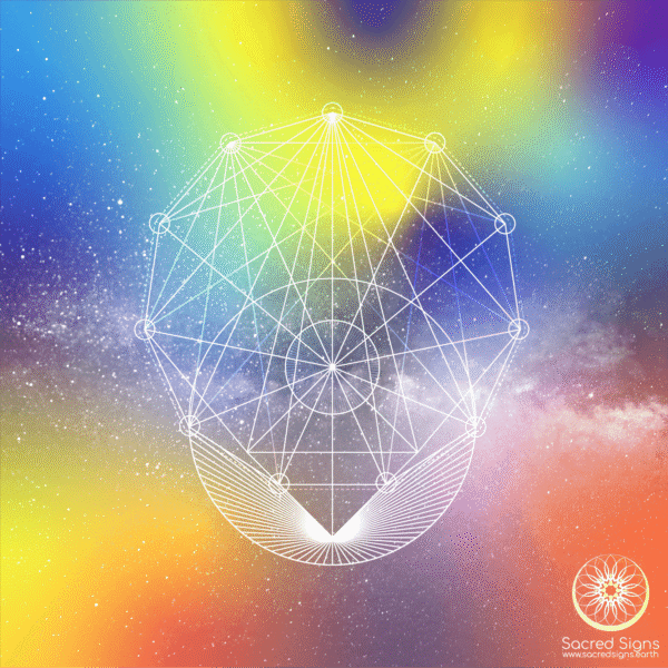 Intricate geometric design featuring sacred geometry elements on a colorful cosmic background with vibrant hues.