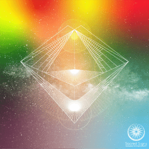 Geometric sacred geometry design featuring a pyramid shape with radiant colors in the background