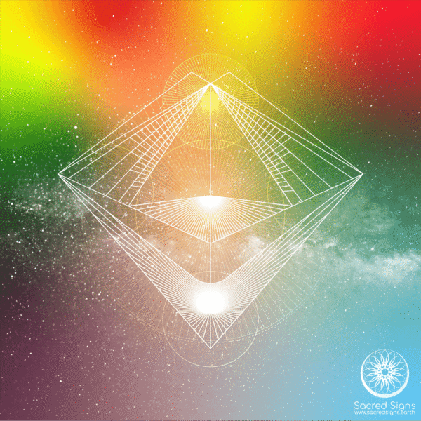 Geometric sacred geometry design featuring a pyramid shape with radiant colors in the background