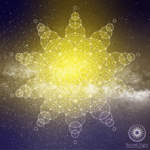 Geometric star design with intricate patterns and a glowing yellow center