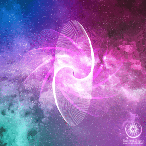 A vibrant cosmic spiral design featuring purple