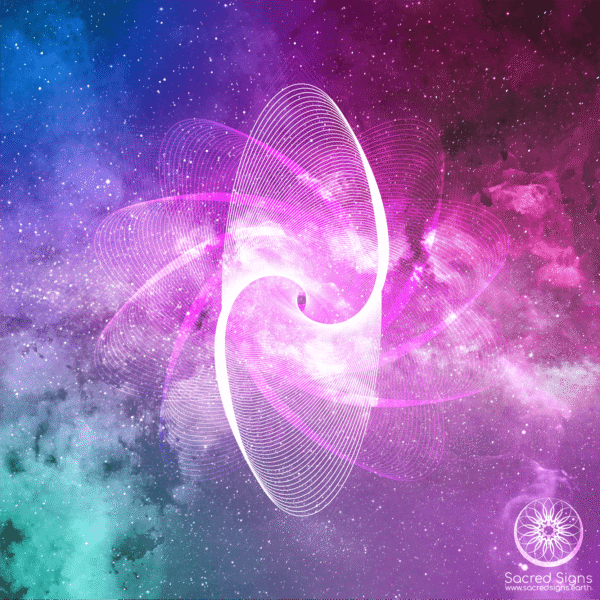 A vibrant cosmic spiral design featuring purple