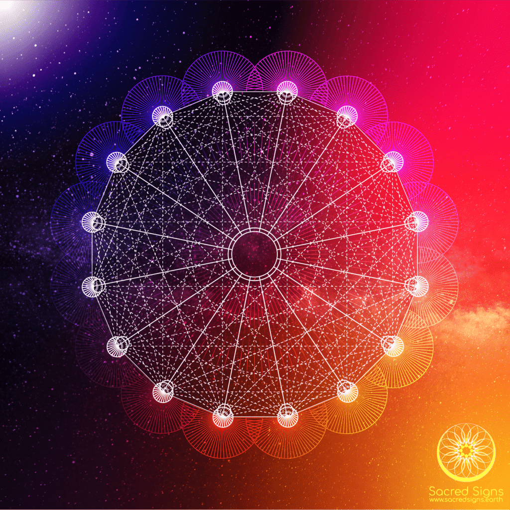 Intricate sacred geometry mandala design featuring circular patterns and interconnected lines on a vibrant cosmic background.