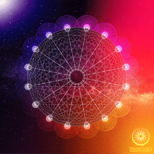 Intricate sacred geometry mandala design featuring circular patterns and interconnected lines on a vibrant cosmic background.