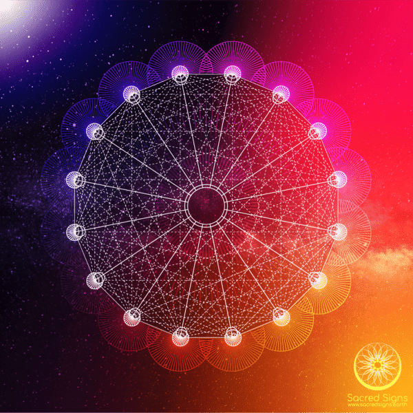 Intricate sacred geometry mandala design featuring circular patterns and interconnected lines on a vibrant cosmic background.