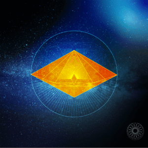 Golden geometric pyramid with radiant lines set against a cosmic background featuring stars and a galaxy.