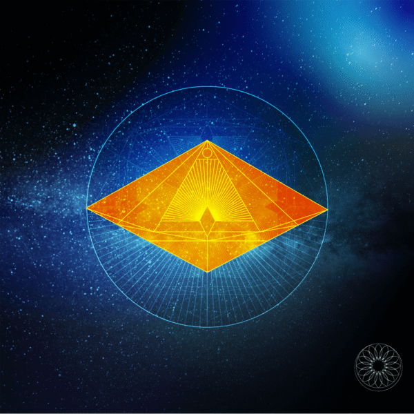 Golden geometric pyramid with radiant lines set against a cosmic background featuring stars and a galaxy.