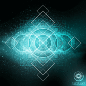 Geometric sacred symbols design featuring intricate patterns and shapes in teal against a dark background