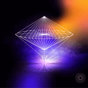 Geometric design featuring a three-dimensional grid structure in a cosmic background