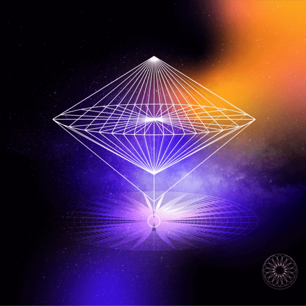 Geometric design featuring a three-dimensional grid structure in a cosmic background