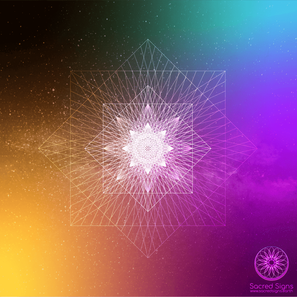 Intricate geometric design featuring a central star shape with layered lines and vibrant colors