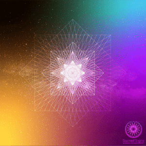 Intricate geometric design featuring a central star shape with layered lines and vibrant colors
