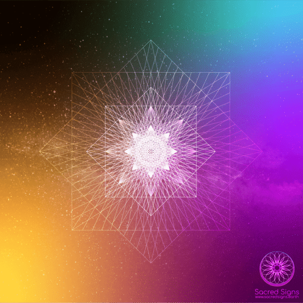 Intricate geometric design featuring a central star shape with layered lines and vibrant colors