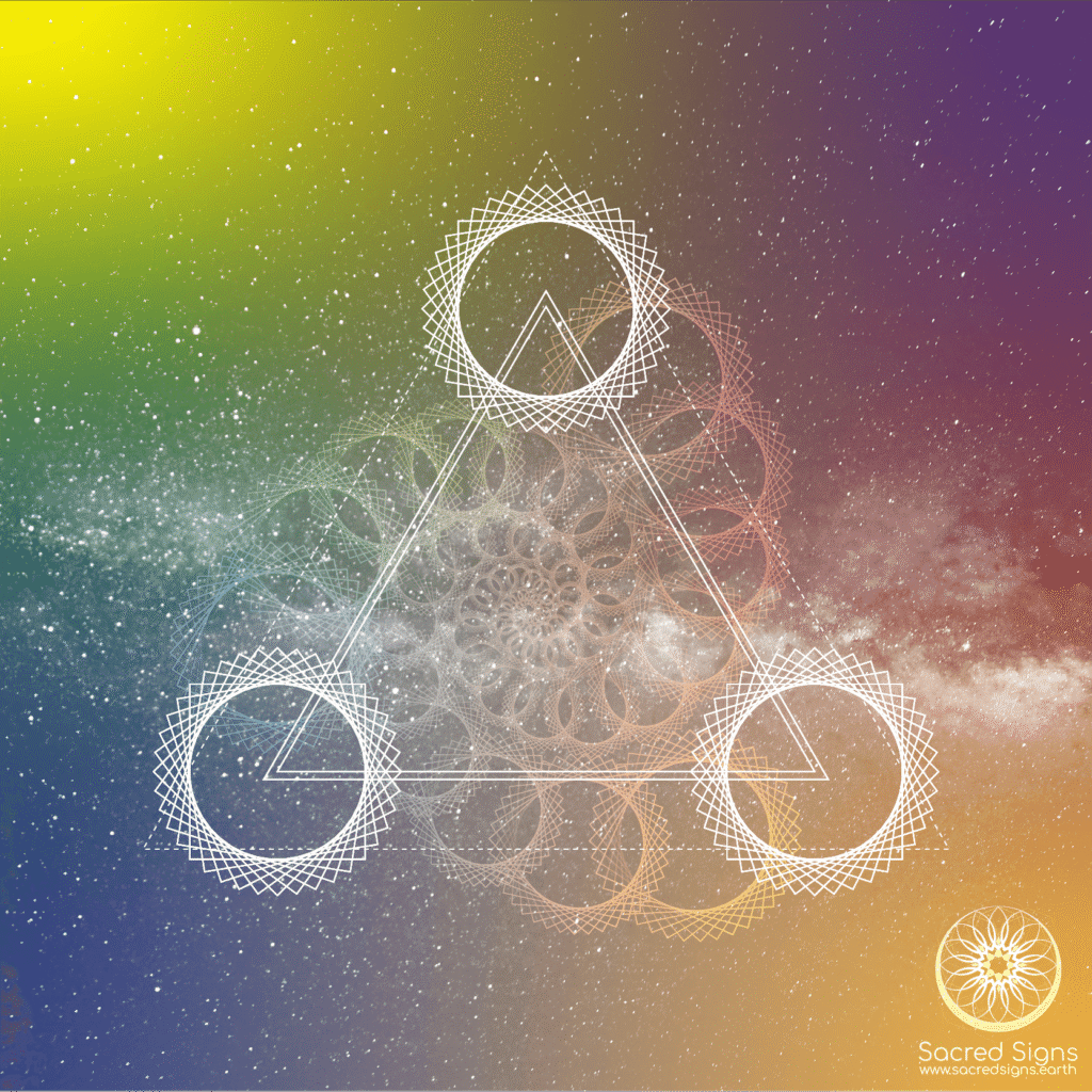 Sacred geometry design featuring a triangular arrangement with circular patterns and a colorful cosmic background