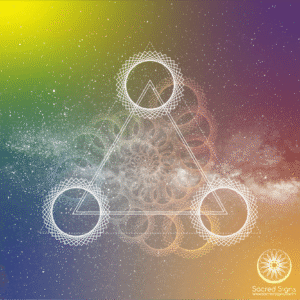 Sacred geometry design featuring a triangular arrangement with circular patterns and a colorful cosmic background