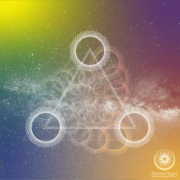 Sacred geometry design featuring a triangular arrangement with circular patterns and a colorful cosmic background