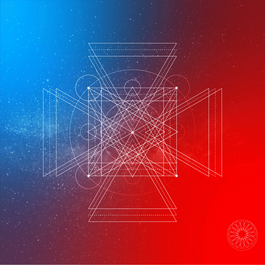 Geometric pattern featuring intricate lines and shapes on a gradient blue and red background