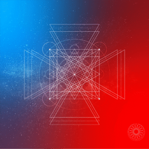 Geometric pattern featuring intricate lines and shapes on a gradient blue and red background