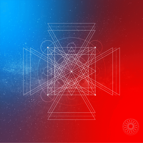 Geometric pattern featuring intricate lines and shapes on a gradient blue and red background