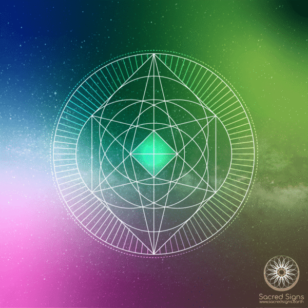 Geometric sacred symbol featuring intricate lines and shapes in vibrant colors