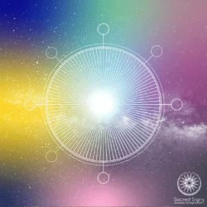 Cosmic mandala design featuring radiant light and geometric patterns in vibrant colors
