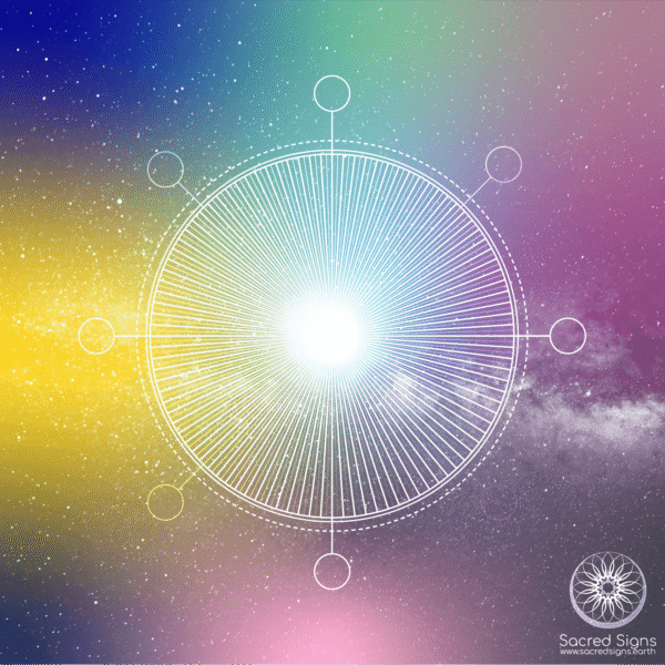 Cosmic mandala design featuring radiant light and geometric patterns in vibrant colors