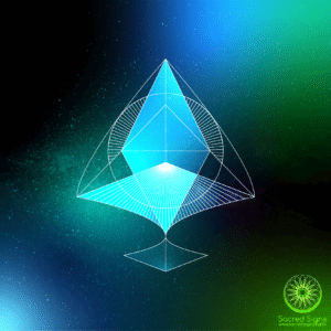 Geometric sacred symbol featuring a triangular shape with intricate lines and a gradient background in blue and green hues.