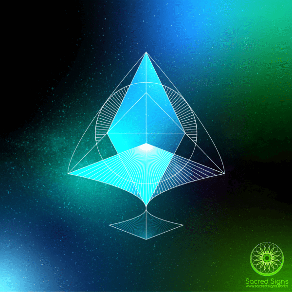 Geometric sacred symbol featuring a triangular shape with intricate lines and a gradient background in blue and green hues.